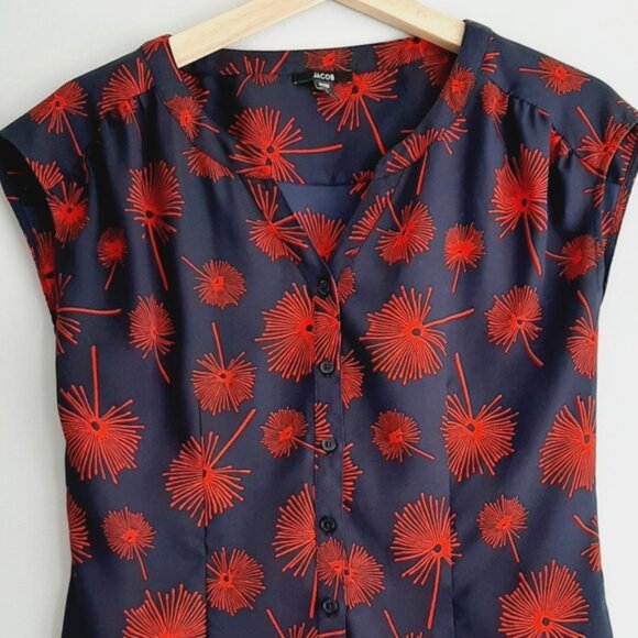 JACOB Dandelion Botanical Print Sleeveless Button Down Top Blue & Red Sz XS - Picture 2 of 9